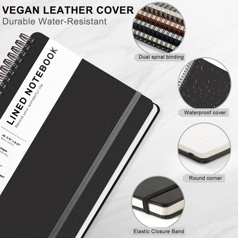 LACCHOUFEE Lined Spiral Journal Notebook  A5 Hardcover Leather Notebook for Work  5.7''?8.2''  100GSM Thick Paper Spiral Bound Journaling Notebooks for Women & Men Office School Note Taking Business  Black - Image 4